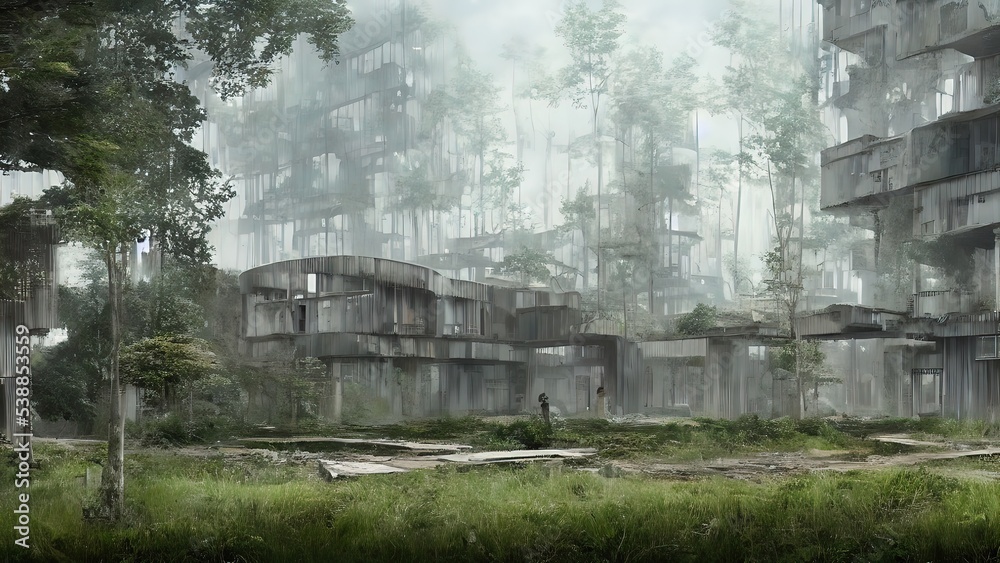 Architecture of the future, a ruined city overgrown with greenery. Concept art, idea for inspiration.