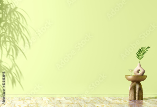 Fototapeta Naklejka Na Ścianę i Meble -  Interior background of room with bright green wall and vase with palm leaf on decorative accent table. Empty mock up wall with leaf shadow and marble tiled flooring. Modern home decor. 3d rendering