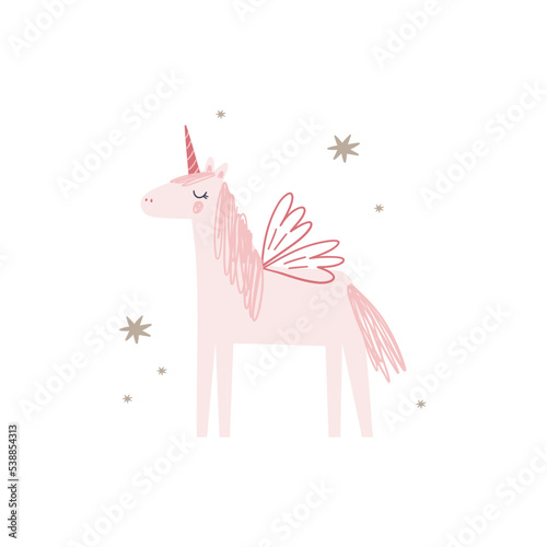 Cute little unicorn vector print. Fairytale horse character. Flat vector illustration - magical kingdom
