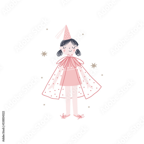 Cute little girl fairy princess vector print. Fairytale girl character with wand stick and crown. Flat vector illustration - magical kingdom