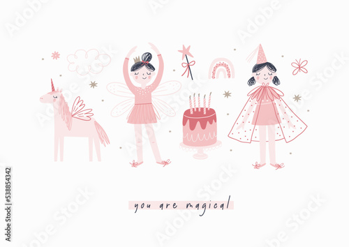 Cute little girl fairy princess vector print. Fairytale girl character with wand stick and crown. Flat vector illustration - magical kingdom