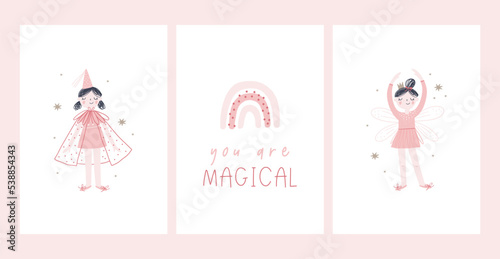 Cute little girl fairy princess vector print. Fairytale girl character with wand stick and crown. Flat vector illustration - magical kingdom