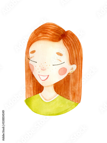 Ginger hair girl watercolor isolated illustration on transparent background. Girl's face character design. Calm emotion. Smiling female person poster card. Cartoon orange haired girl with freckles.