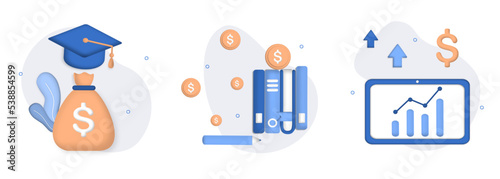 Financial education illustration set. investing money in education, self development, and knowledge. Personal finance management and financial literacy concept. 3D web vector illustration.