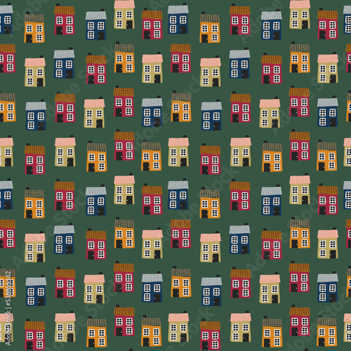 Seamless scandinavian style houses pattern, Nordic houses repeat design, Cartoon cute buildings motifs, Cityscape background, Trendy nursery wallpaper, Children fabric print