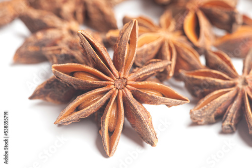 Star anises isolated on white background. Dried star anise spice fruits