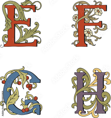 Letters E, F, G, H Drop Caps. Vector hand-drawing letter. Fabulous ornament