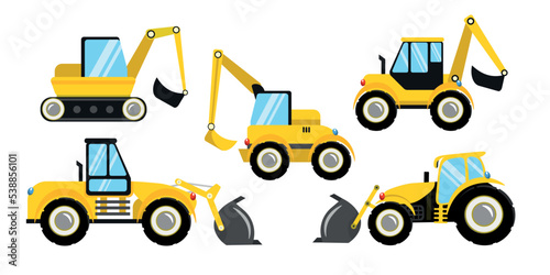 Set of yellow construction heavy equipment in cartoon style. Vector illustration of wheeled and tracked bulldozers and excavators on white background.