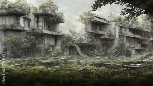 Architecture of the future, a ruined city overgrown with greenery. Concept art, idea for inspiration. © Korney
