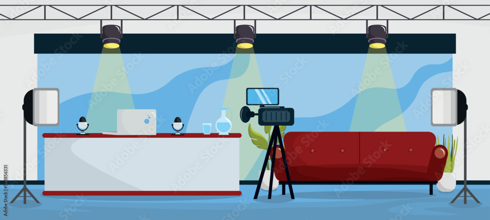 Vector illustration of modern interior TV studios. Cartoon interior with host table, sofa for guests, camera, lighting, microphone, background.