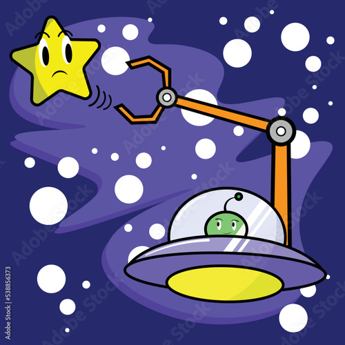Cute green alien with the UFO while it's catching the star.