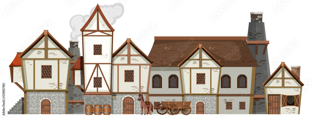 Medieval ancient building on white background