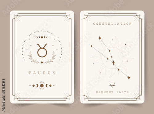 Taurus. Witchcraft cards with astrology zodiac sign and constellation. Perfect for tarot readers and astrologers. Occult magic background. Horoscope template. Vector illustration in boho style.