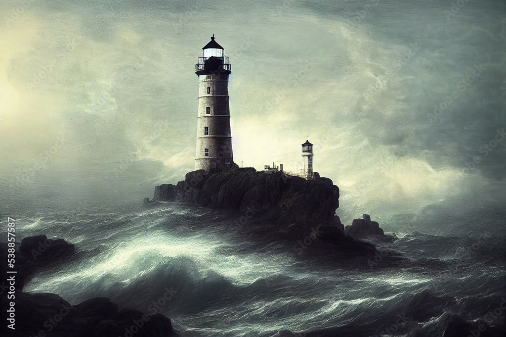 Lighthouse on a cliff and stormy sea made with generative AI