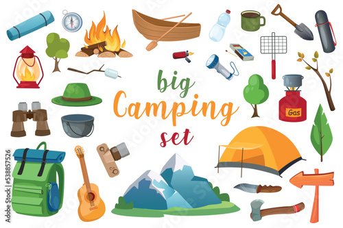 Camping set with isolated elements in flat cartoon design.