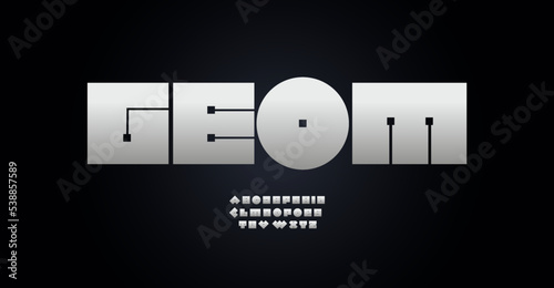 Geometric square font computer chip alphabet letters. Microchip technology typography for electronics service logo, digital system headline, internet communication monogram. Isolated vector typeset