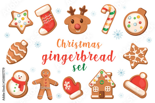 Christmas gingerbreads set with isolated elements in flat cartoon design.