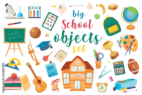 School set with isolated elements in flat cartoon design.