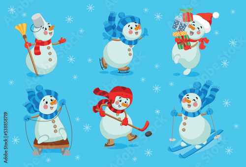 Set of cute Christmas snowmen in hats, scarves. Cute characters, winter sports