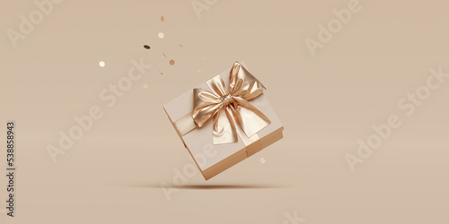 3D gift box, gold ribbon bow on beige pastel background. Present mockup for cosmetic product . Realistic gift with confetti . Copy space banner Birthday, valentine or Christmas 3d render. 
 photo