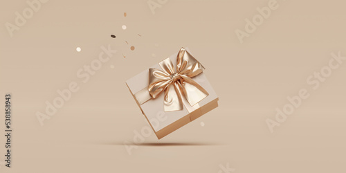 3D gift box, gold ribbon bow on beige pastel background. Present mockup for cosmetic product . Realistic gift with confetti . Copy space banner Birthday, valentine or Christmas 3d render. 
