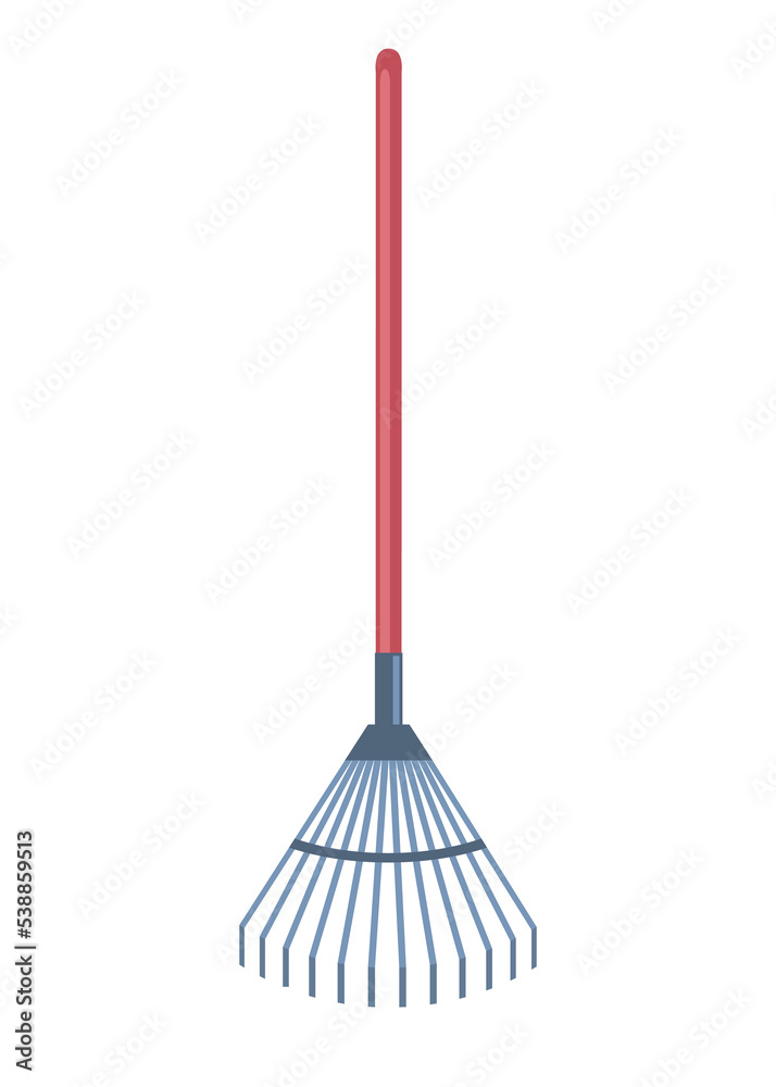 Garden red rake. Sticker for social networks and messengers. Active lifestyle, gardening, outdoor work. Farming and agriculture. Private area cleaning equipment. Cartoon flat vector illustration Garden red rake. Sticker for social networks and messengers. Active lifestyle, gardening, outdoor work. Farming and agriculture. Private area cleaning equipment. Cartoon flat vector illustration