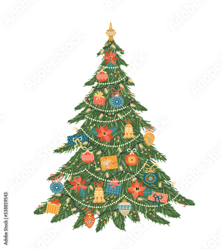 Christmas and Happy New Year isolated illustration of Christmas tree. Vector design.
