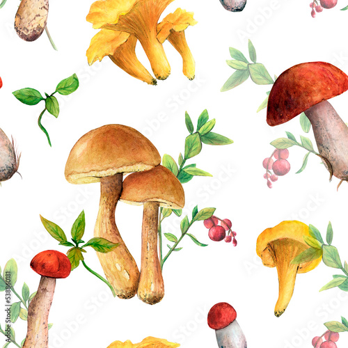 Seamless pattern of edible yellow mushrooms on a blue background with plants