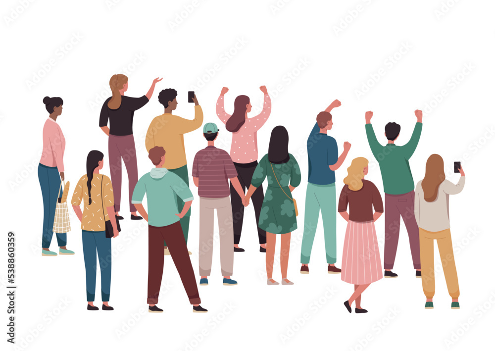 Group of people standing. Crowd, men and women with smartphones and bags. Spectators at music concert or public performance. Sticker for social media and messengers. Cartoon flat vector illustration