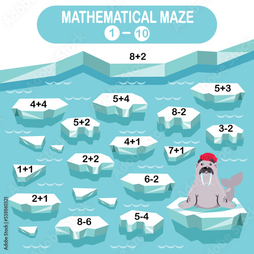 Math maze for kids. Winter collection. Walrus in the Arctic on an ice floe