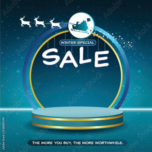 Vector style merchandising display template for displaying discounted products, year-end, cool colors, used for web or social media ads.