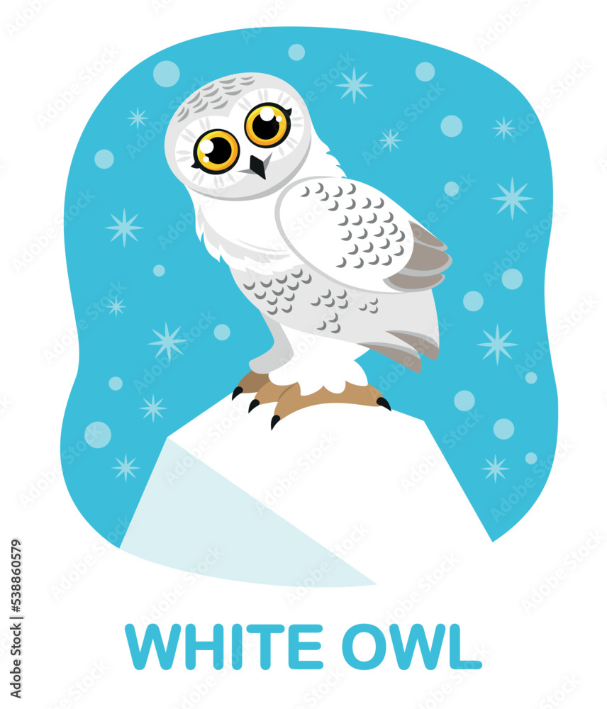 Fototapeta premium white snowy owl on a blue background, title. Cartoon. Winter collection