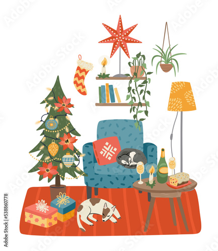 Christmas and Happy New Year isolated illustration of sweet home. Vector design.