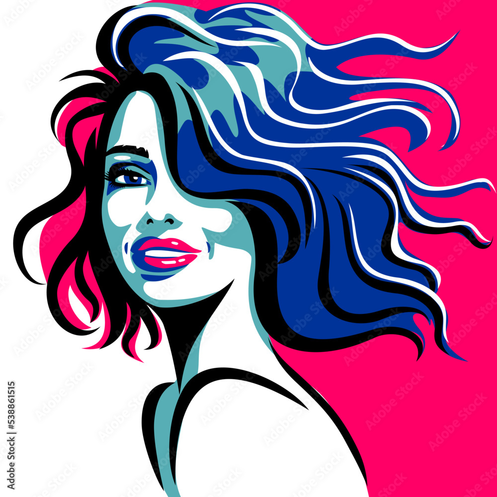 woman with hair blowing in the wind abstract portrait vector illustration, Decorative art work. woman with hair blowing in the wind abstract portrait vector illustration, Decorative art work.