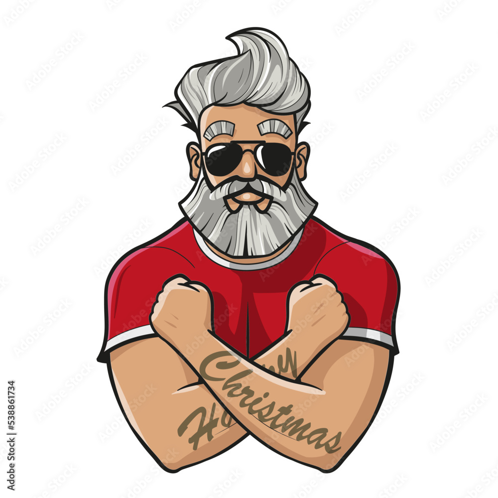 Illustration of a cool Santa Clause with sunglasses, tattoos and barber shop hairstyle and beard. isolated on white background Illustration of a cool Santa Clause with sunglasses, tattoos and barber shop hairstyle and beard. isolated on white background