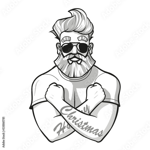 Cool athletic Santa Clause with tattoos, sunglasses on and crossed arms to an x. good looking santa with stylish haircut and a trimmed beard. uncolored on white