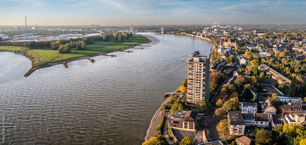 Duisburg Ruhr Area. Rhein River. Drone Aerial in autumn - obrazy, fototapety, plakaty 