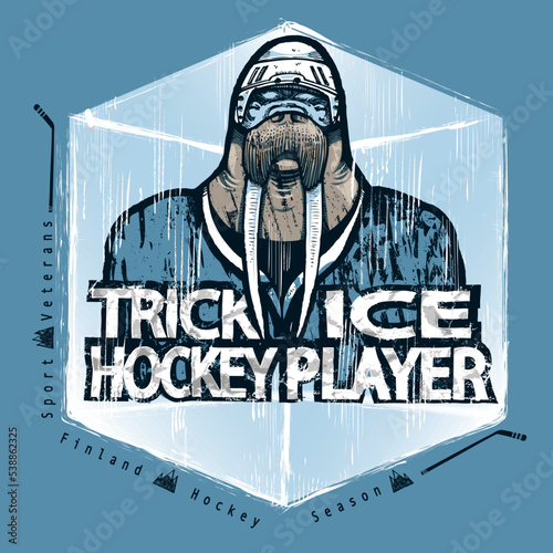 Walrus mascot of a hockey team, in the background an ice cube. Walrus hockey player. Team sport illustration concept.