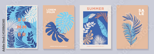 Summer posters set in minimalist style. Abstract Botanical Wall Art, Contemporary art prints with abstract tropical leaves, monstera and modern typography. Templates for cover, branding, ads