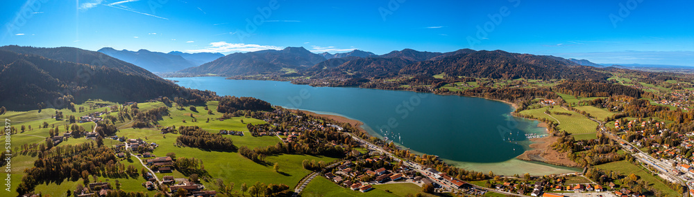 Tegernsee Aerial Fall autumn. Drone Panorama Bavarian Alps