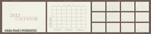 Monthly boho calendar template for 2023 year. Week starts on Sunday. Vector ready to print calendar in retro minimal style.
