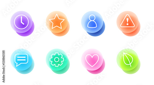 Basic icons set in glassmorphic style. Transparent blur glass effect icons. Vector illustration