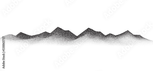 Grain stippled mountains. Dotted landscape and terrain. Black and white grainy hills in dotwork style. Noise stochastic background. Pointillism textured wallpaper. Grunge vector