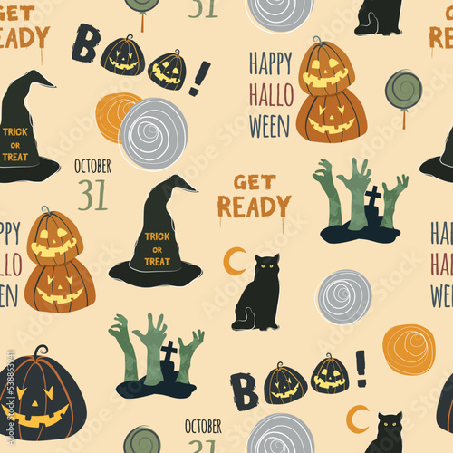 Seamless pattern with Halloween season icons and symbols. Pumpkin Jack O'Lantern, witch hat, black cat, candy, zombie hands and spooky lettering. Orange background and colorful illustrations.