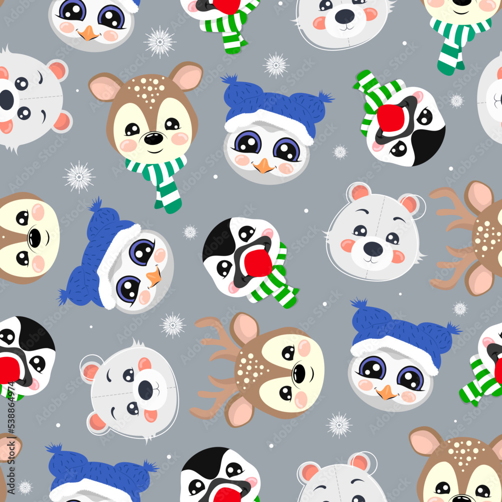 Owls, deer, bears and penguins, seamless pattern