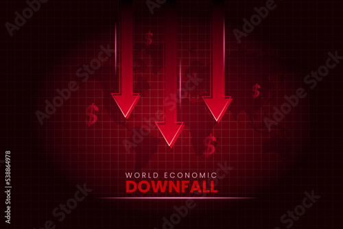 World economic downfall red background with falling arrow and world map.