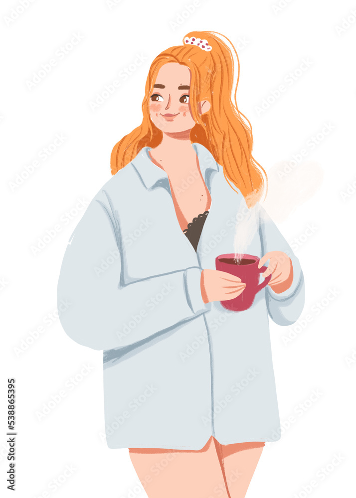 Curvy happy woman with a cup in the morning Curvy happy woman with a cup in the morning
