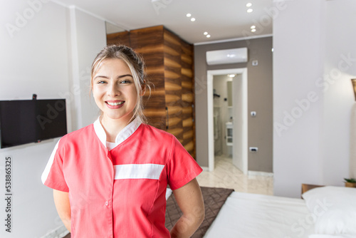 Portrait of smiling maid in hotel room.