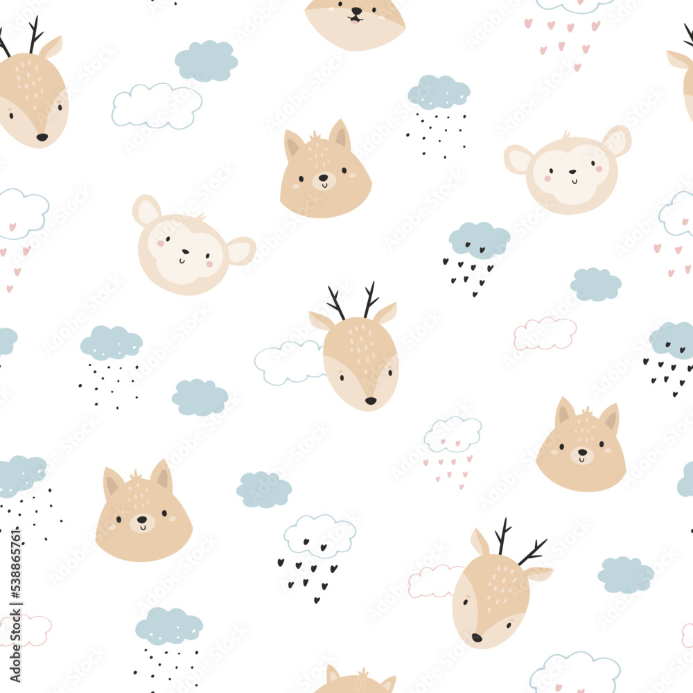 Obraz premium Seamless pattern with cute monkey, deer, fox in clouds