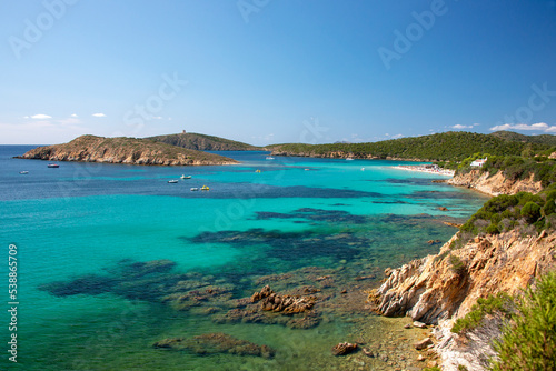 Tuerredda beach surrounded with it s famous turquoise sea  in the coast of Sardinia. Tuerredda bay Coast  Sardinia  Italy. 